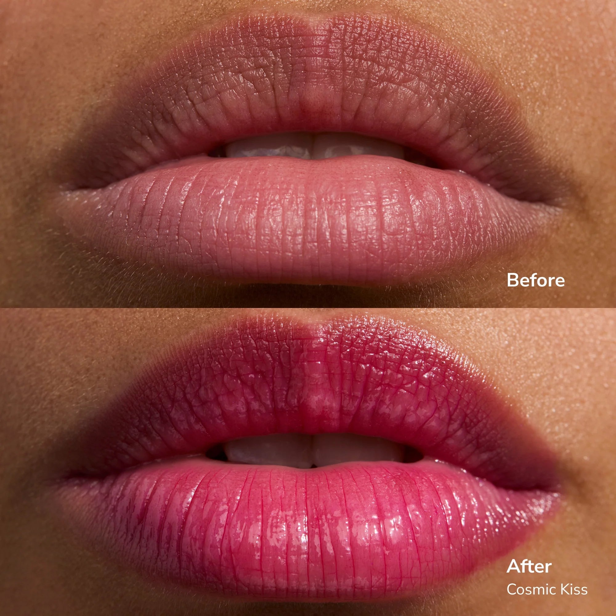 Before and after close up of lips with Glowify Mood Ring Cosmic Kiss tint