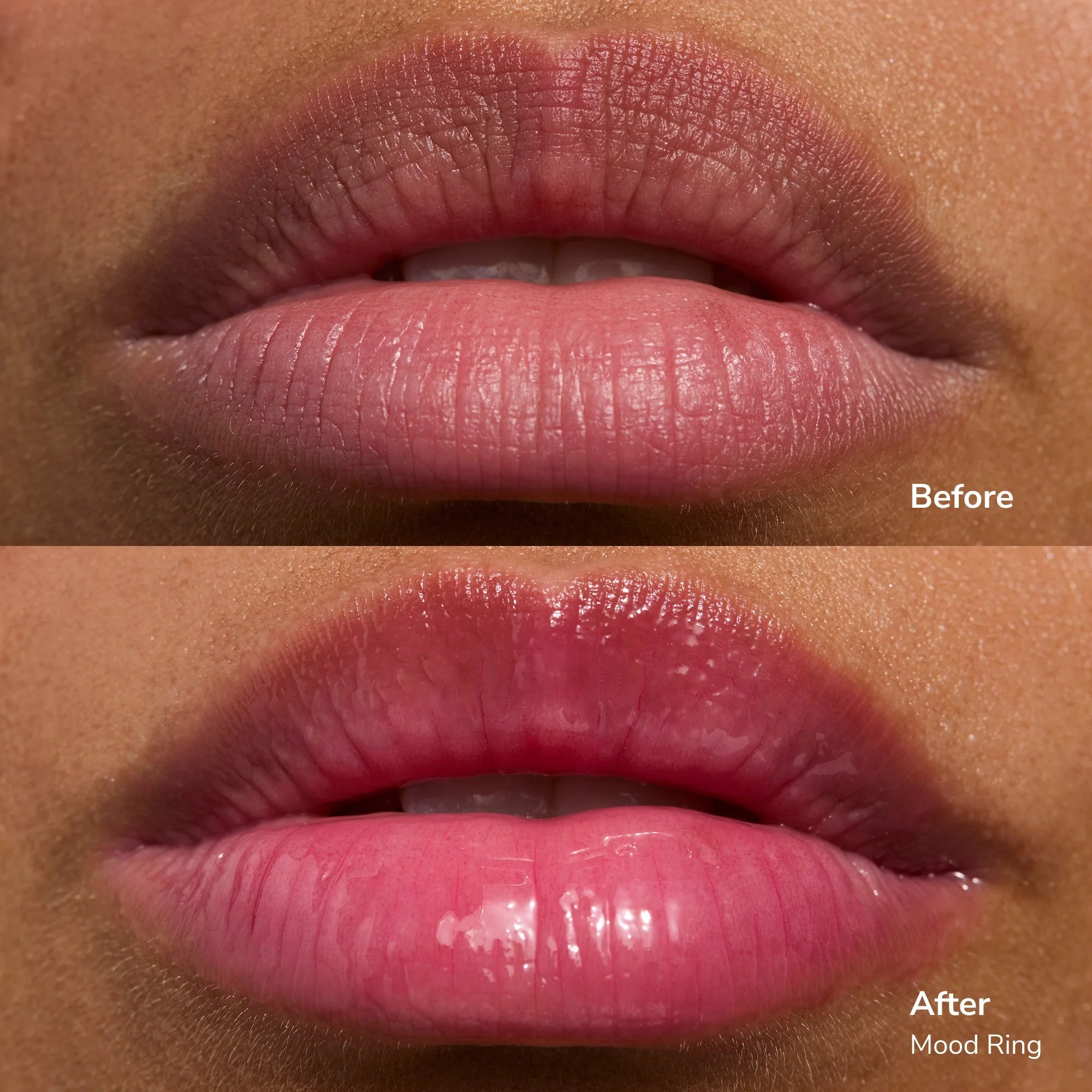 Before and after close up of lips with Glowify Mood Ring lip tint