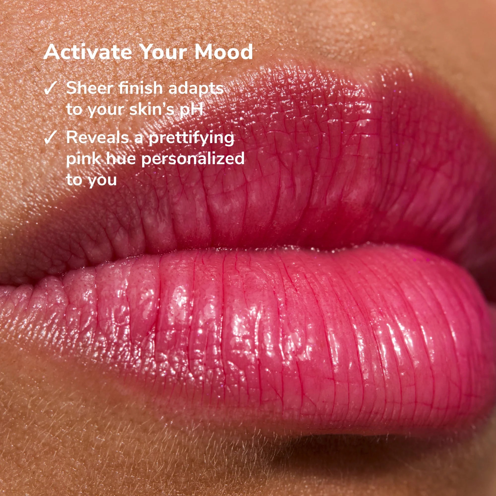 Close-up of glossy pink lips wearing Glowify pH Lip Oil Tint Mood Ring Duo product
