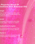 Pink background with white text describing emollient botanical oils Nangai Marula Meadowfoam and Jojoba plus Vitamin C
