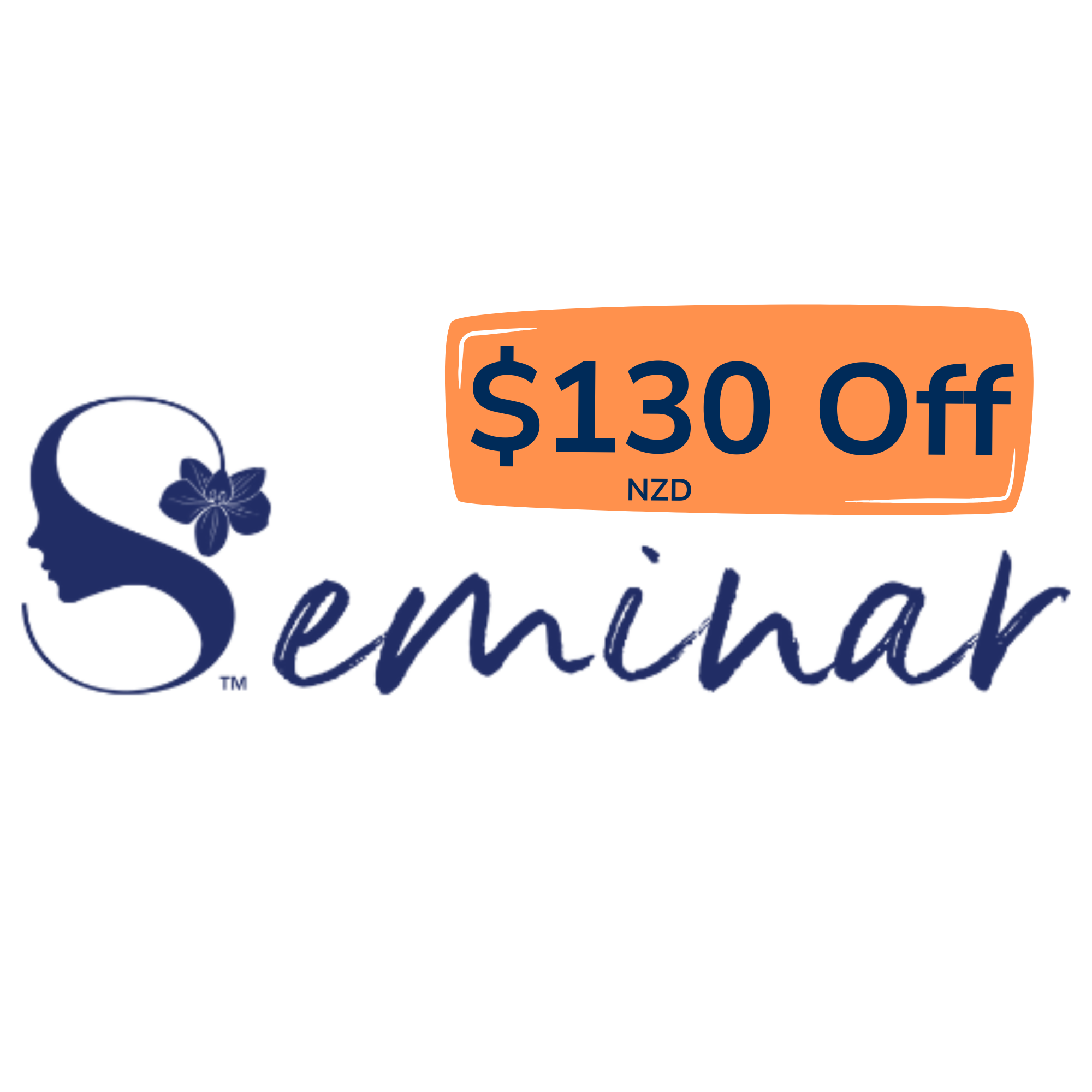 Seminar logo with blue silhouette of a head and flower, orange badge reading 130 Off NZD.