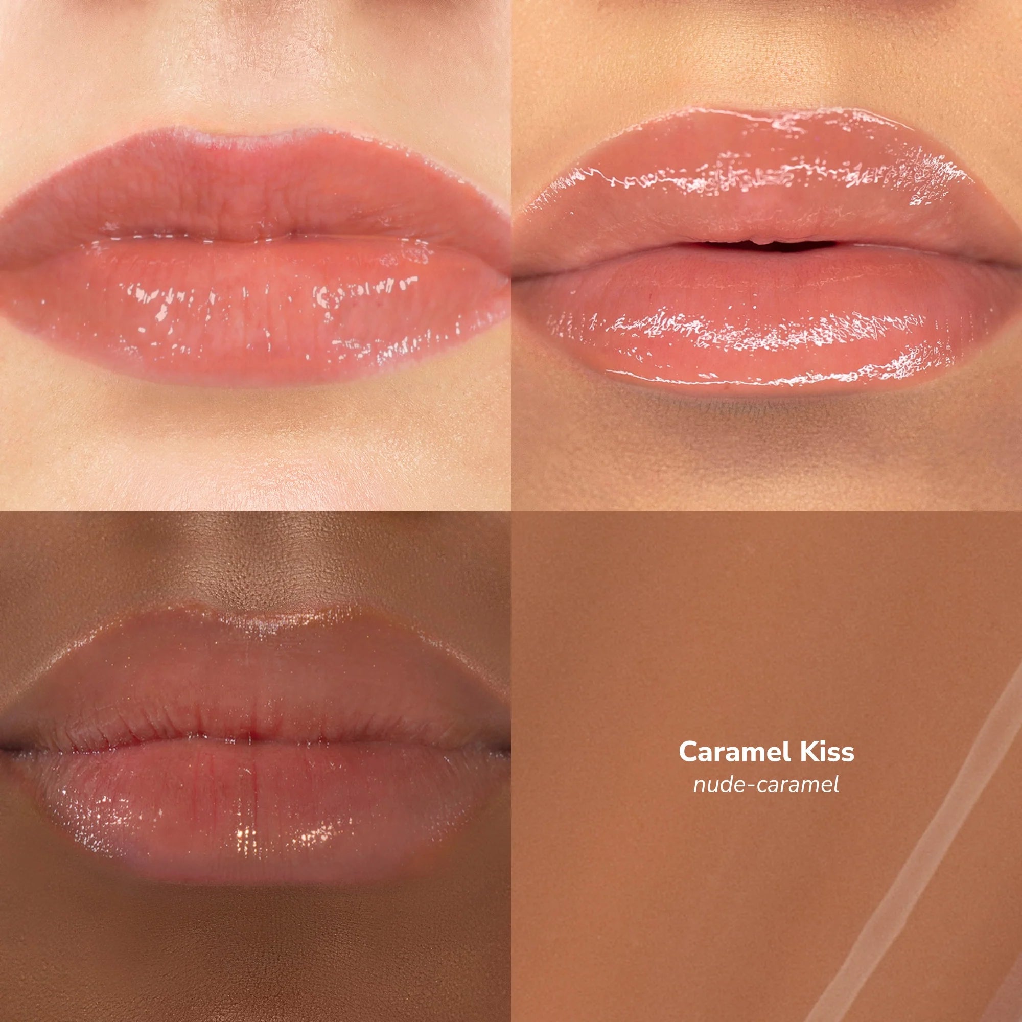 Skintone quadrant Glowify Juicy Plumping Lip Gloss product shade Carmel Kiss.
