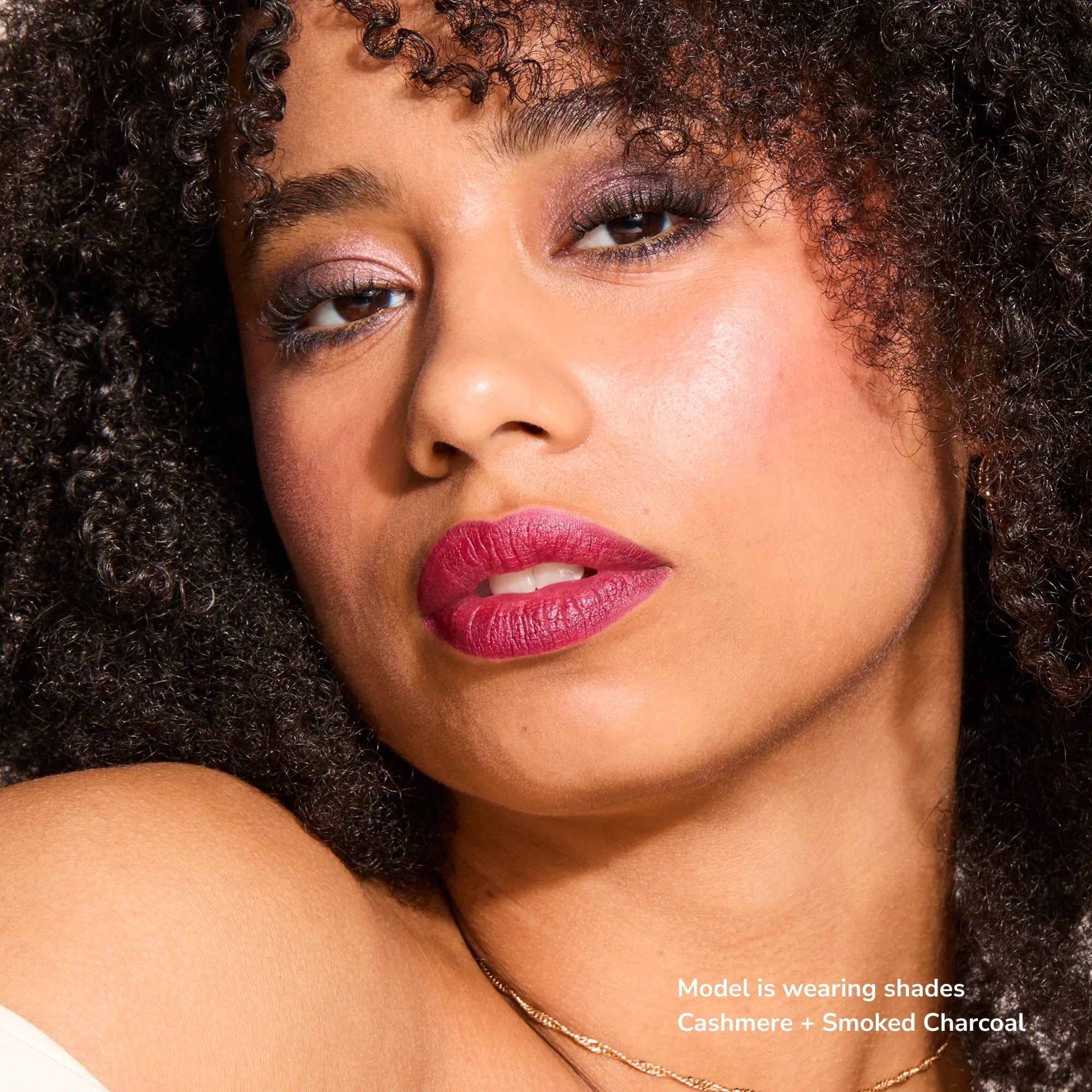 Model wearing Glowify Long-Lasting Eyeshadow Stick product shade Cashmere.