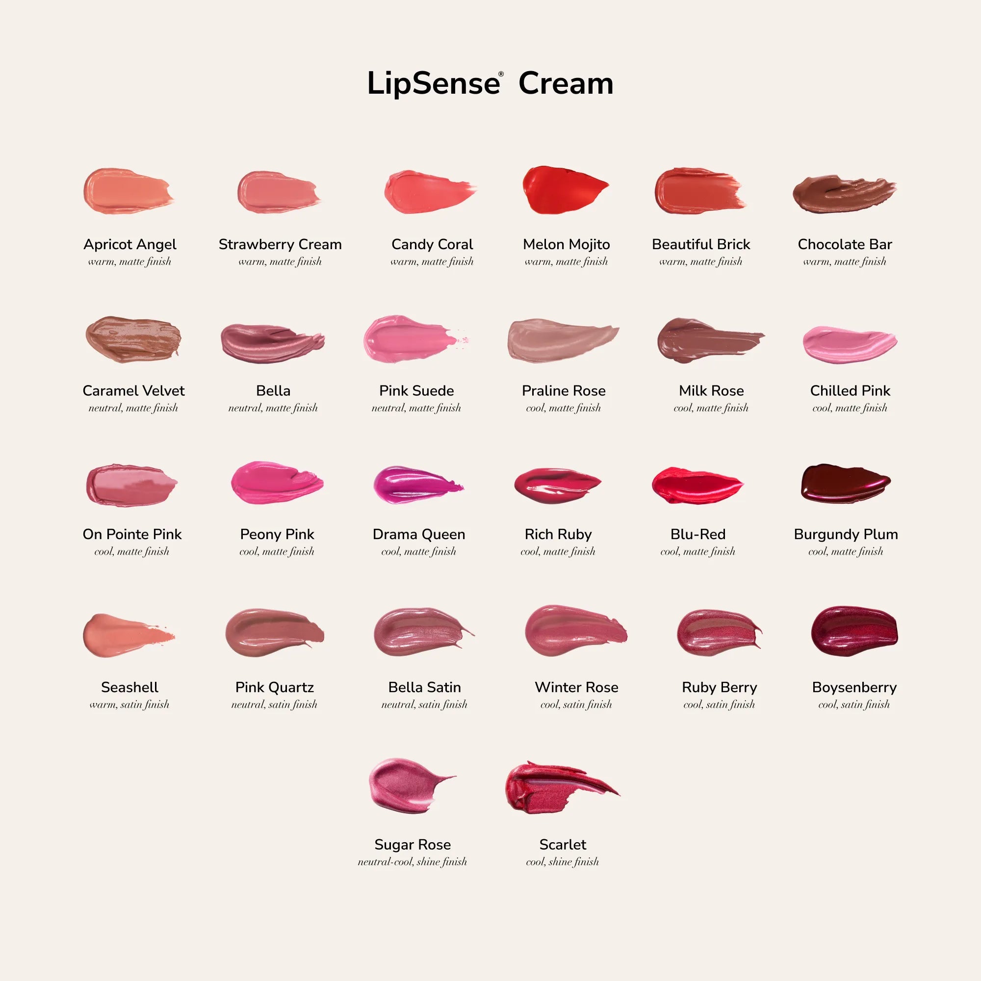 LipSense Cream shade chart.