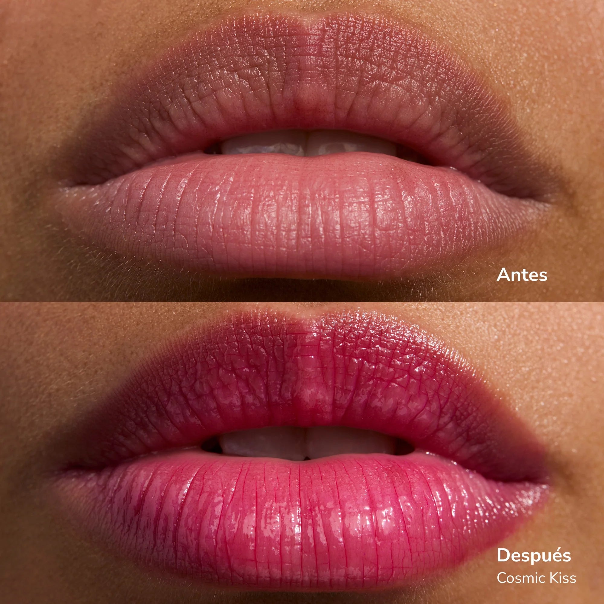 Lips shown in a before and after comparison with natural lips above and pink glossy lips below showcasing Glowify Mood Ring lip tint