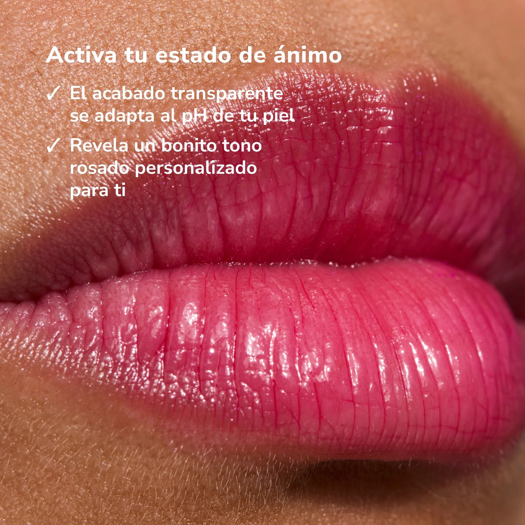 Close-up of glossy pink lips wearing Glowify lip tint in action