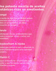 Pink background featuring a list of lip oil ingredients Nangai Marula Meadowfoam and Jojoba and Vitamin C