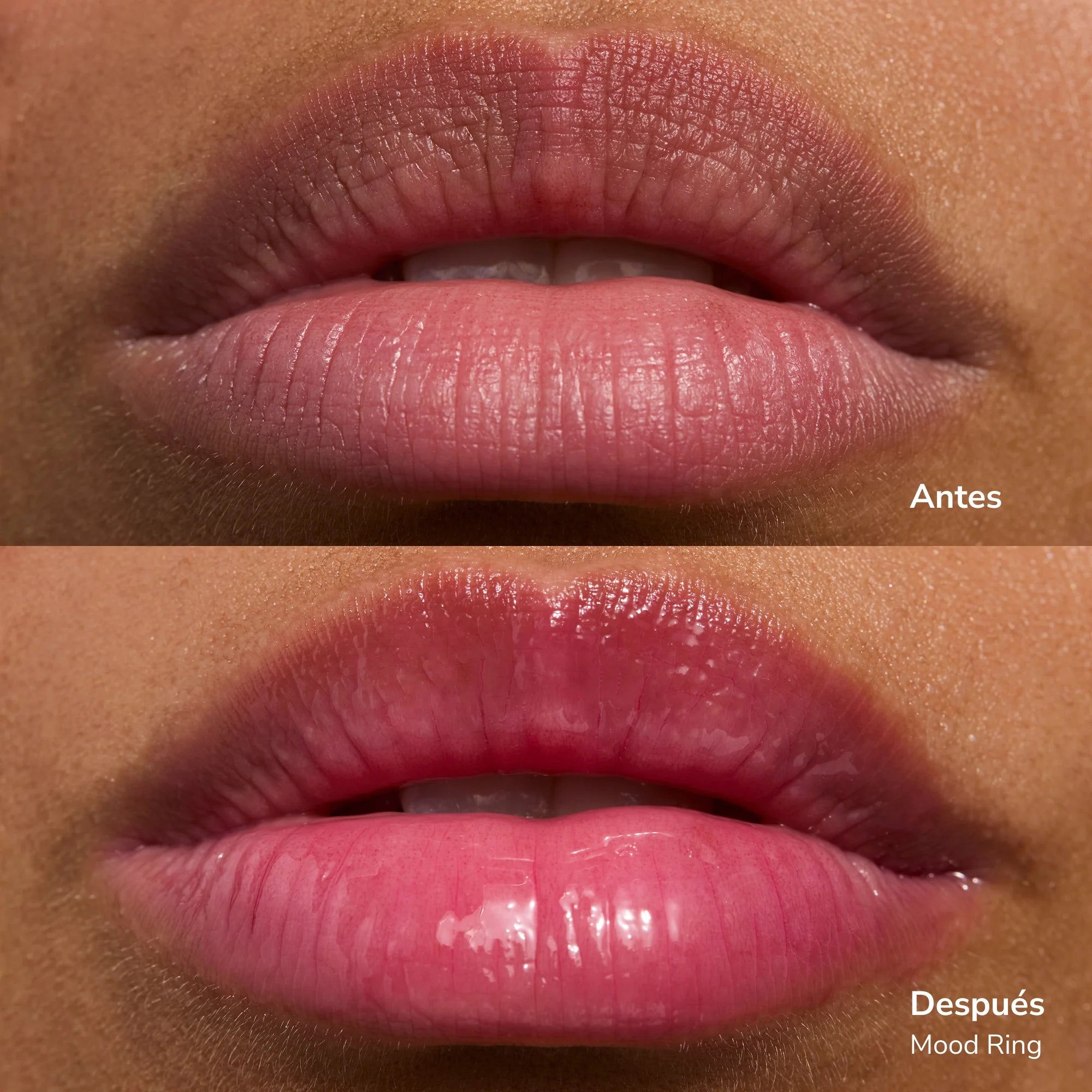 Split close-up of lips before and after applying Glowify Lip Oil Tint Mood Ring Duo MX with pink gloss