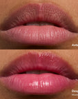 Split close-up of lips before and after applying Glowify Lip Oil Tint Mood Ring Duo MX with pink gloss