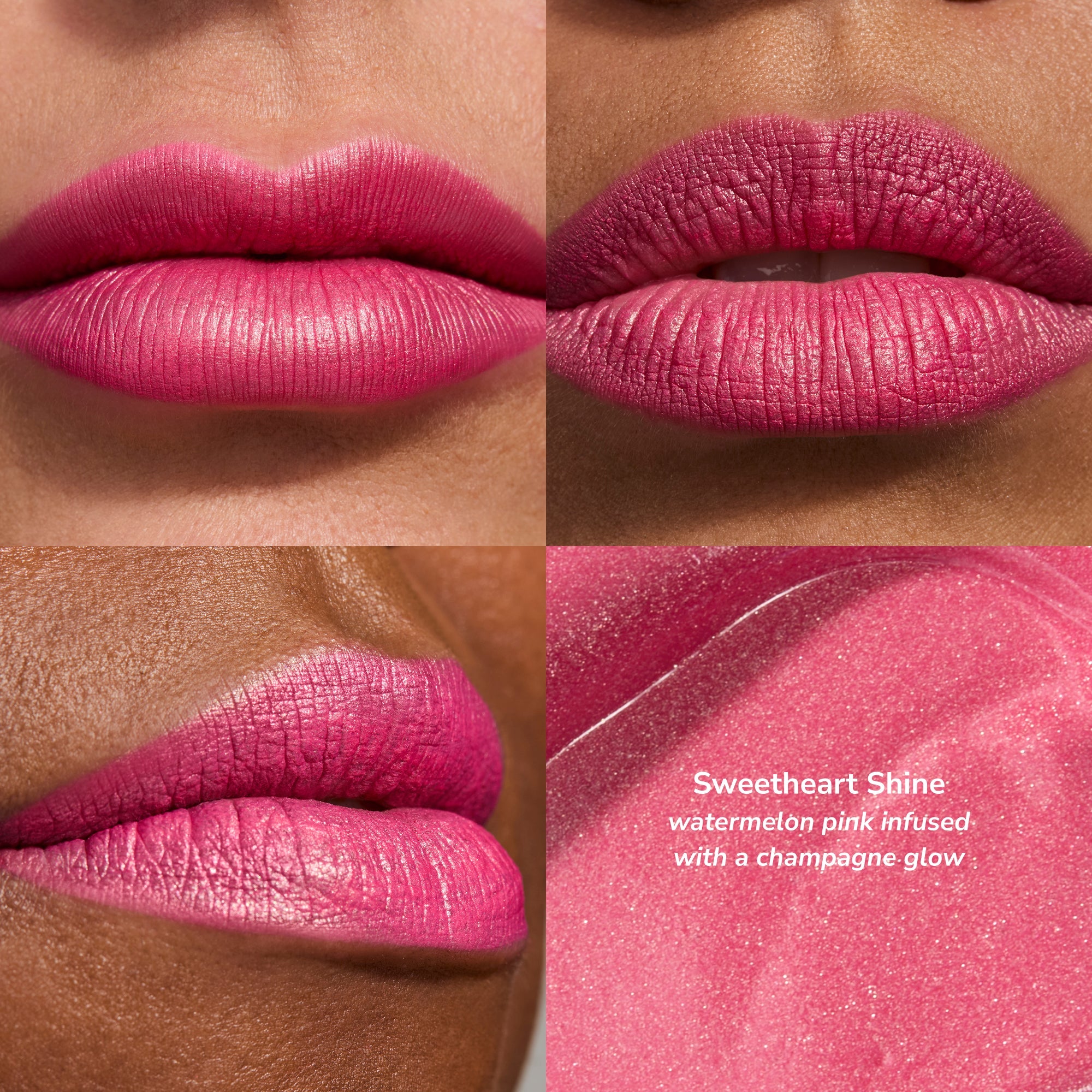 Four panel collage showing pink lip shades and a glittery watermelon pink shimmer swatch from Amore LipSense Sweetheart Shine