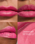 Four panel collage showing pink lip shades and a glittery watermelon pink shimmer swatch from Amore LipSense Sweetheart Shine