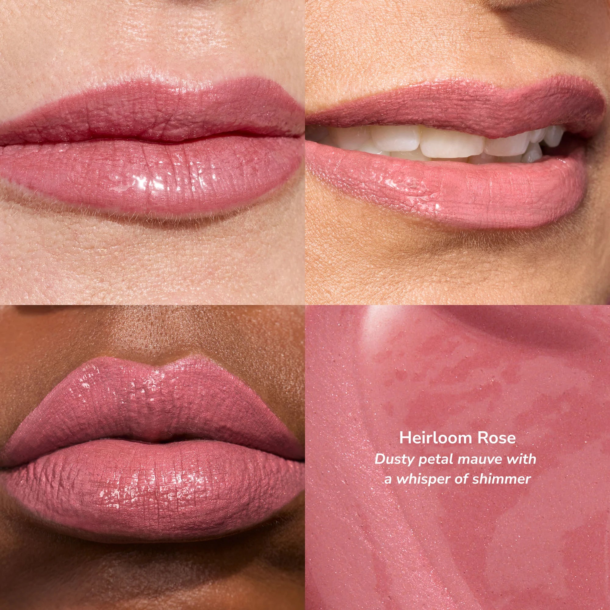 Quad panel lip swatches in Heirloom Rose dusty petal mauve with a whisper of shimmer