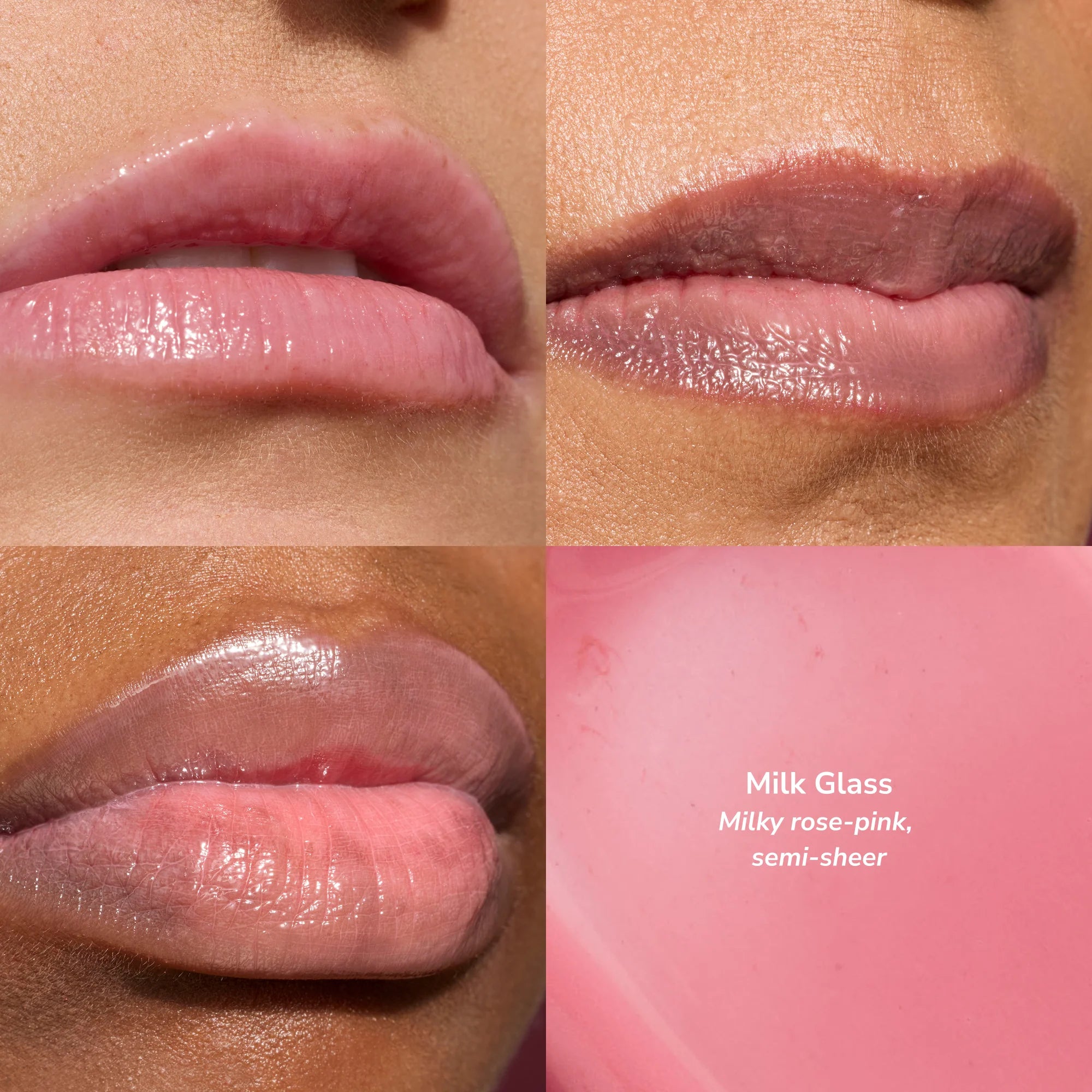 Milk Glass LipSense lip color on lips in milky rose pink with a semi-sheer finish