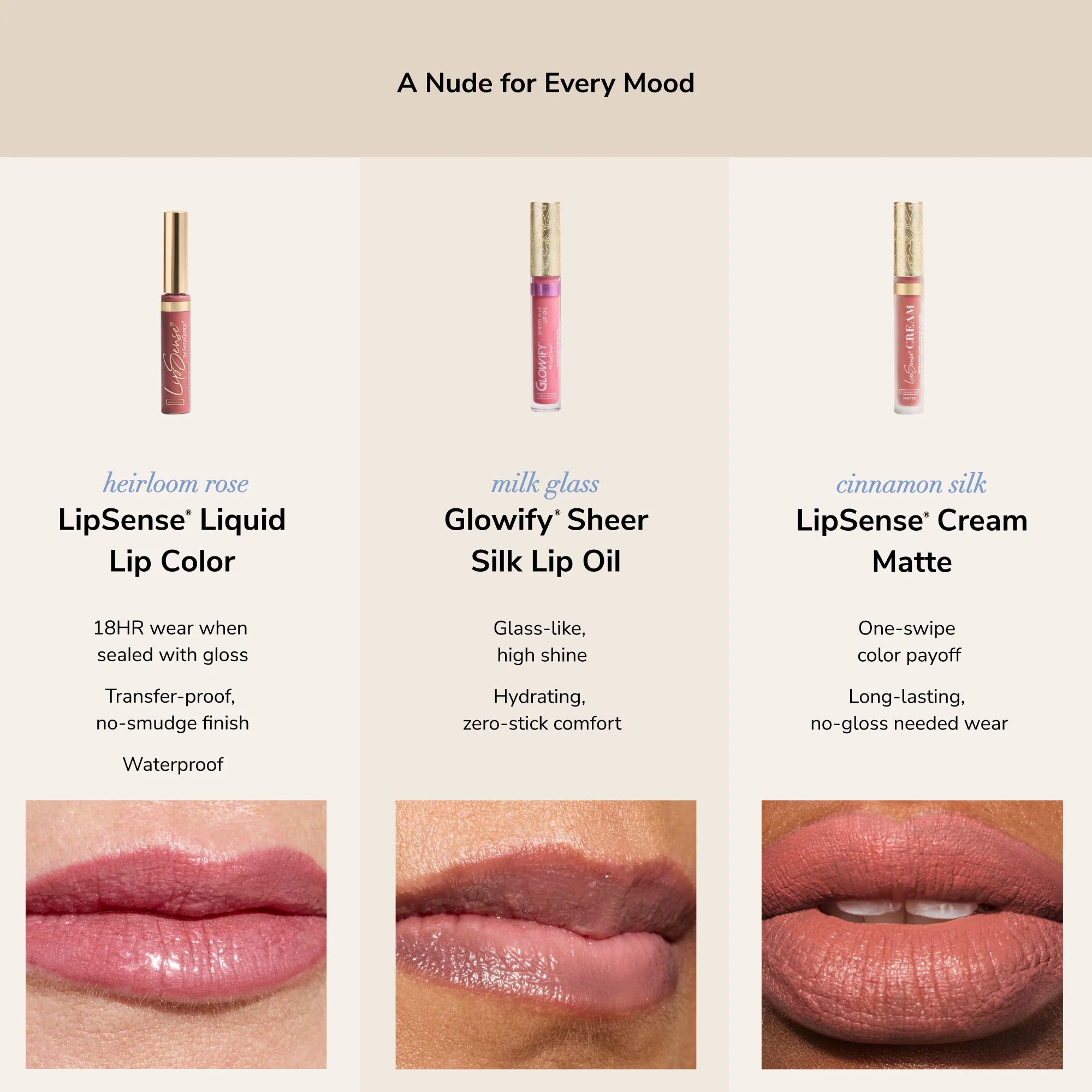 A Nude for Every Mood LipSense collection featuring Heirloom Rose Lip Color Glowify Silk Lip Oil and LipSense Cream Matte
