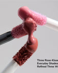 Three LipSense wands with pink mauve gloss from the Ethereal collection meeting in a glossy droplet