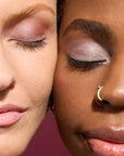 Close up of two models wearing Ethereal ShadowSense Eyeshadow Duo looks with pink lavender on light skin and taupe on dark skin