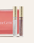 ShadowSense eyeshadow duo in clear tubes with gold ornate caps beside a pink zip pouch