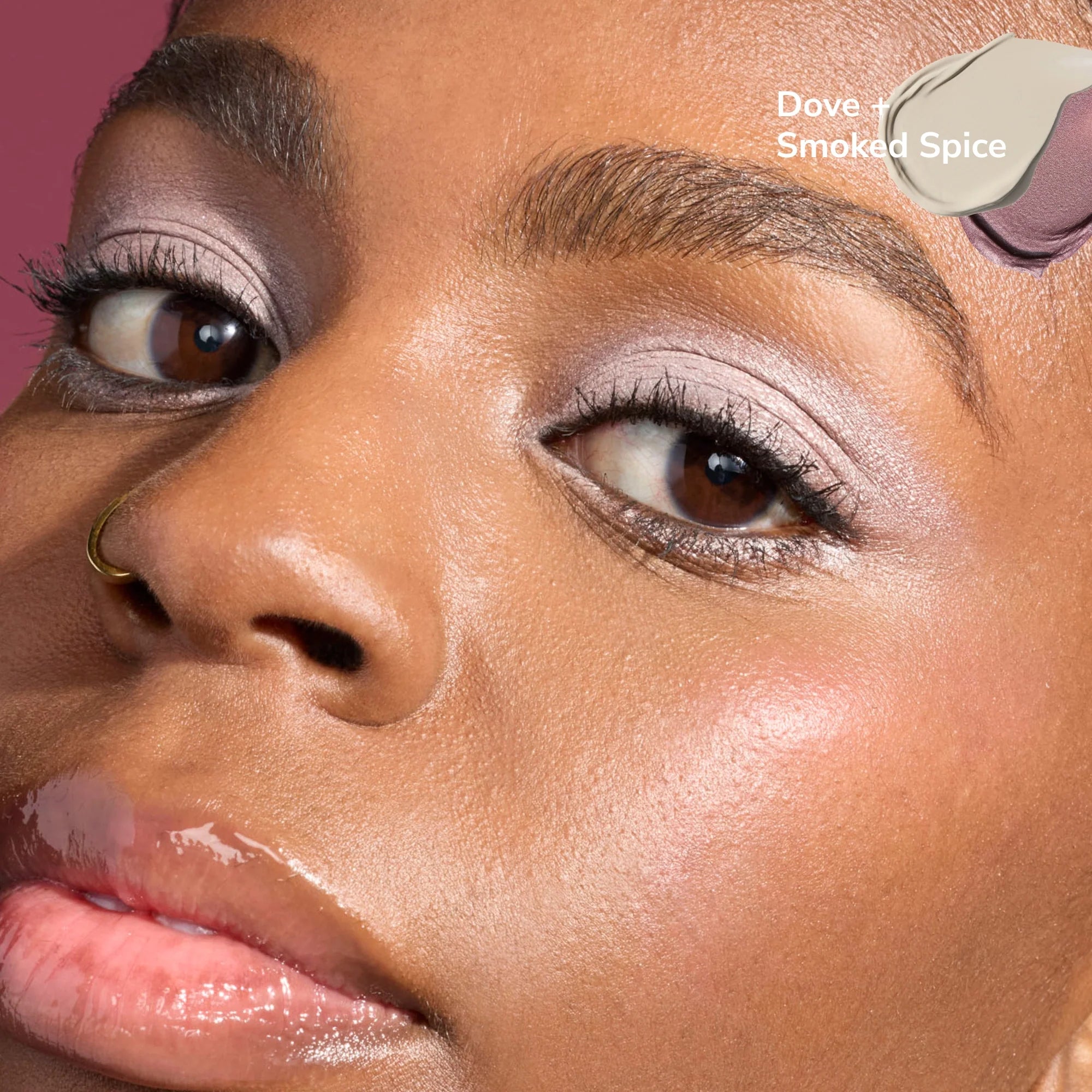 Close-up of a model's eye wearing the Dove and Smoked Spice shades from Ethereal ShadowSense Duo CN.
