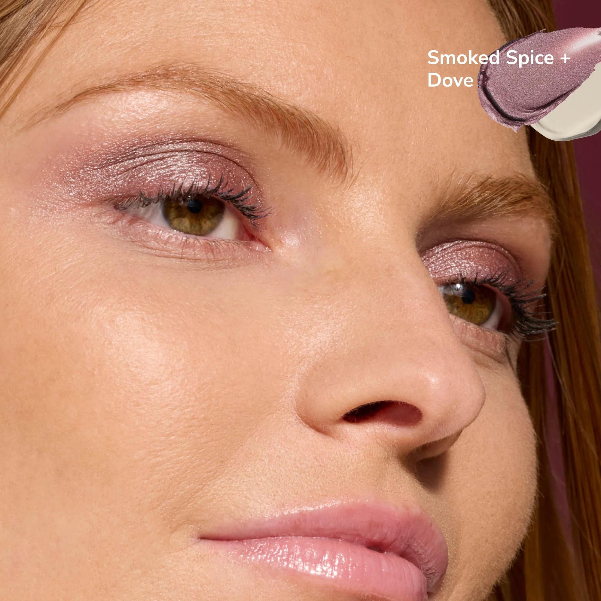 Close-up of a model's eye with pink shimmering eyeshadow from Ethereal ShadowSense Eyeshadow Duo CN and a Smoked Spice + Dove swatch in the corner