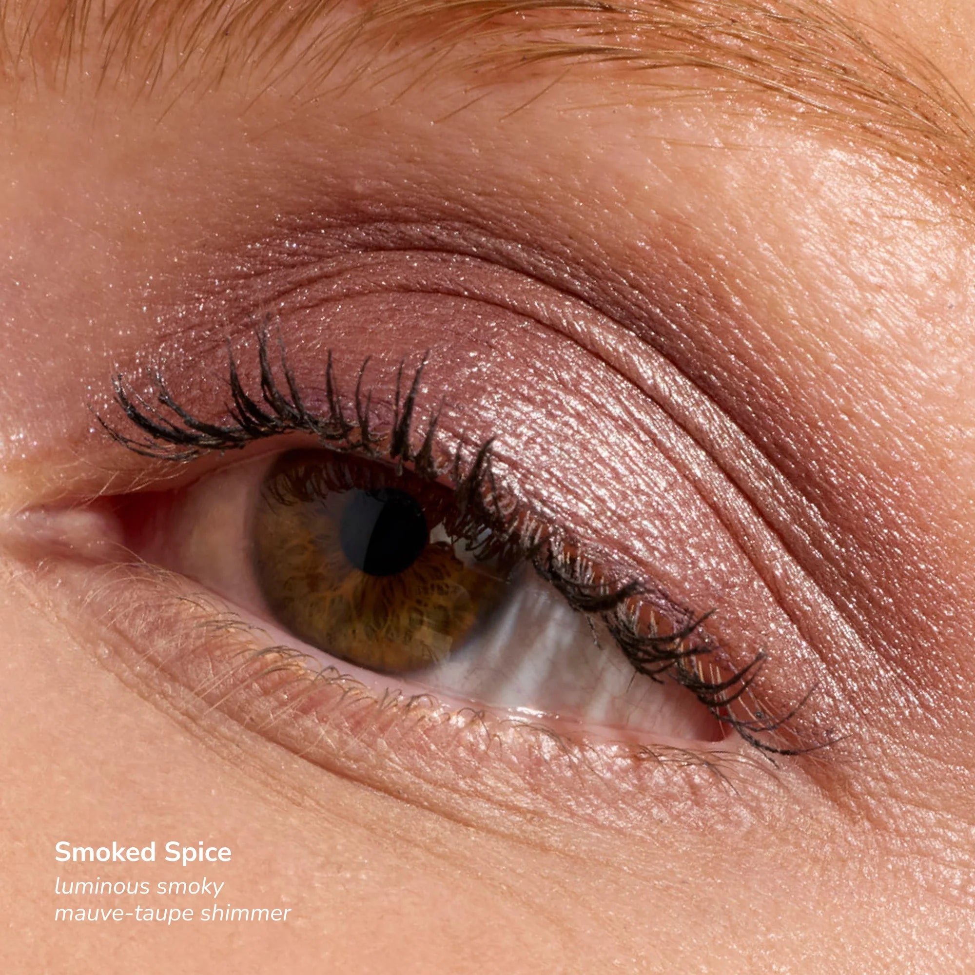 Close-up of eye wearing smoky mauve taupe shimmer from Ethereal ShadowSense Eyeshadow Duo CN, with curled lashes.