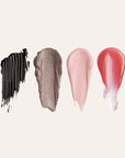 Four makeup swatches in black, bronze, pink, and coral on a pale background.