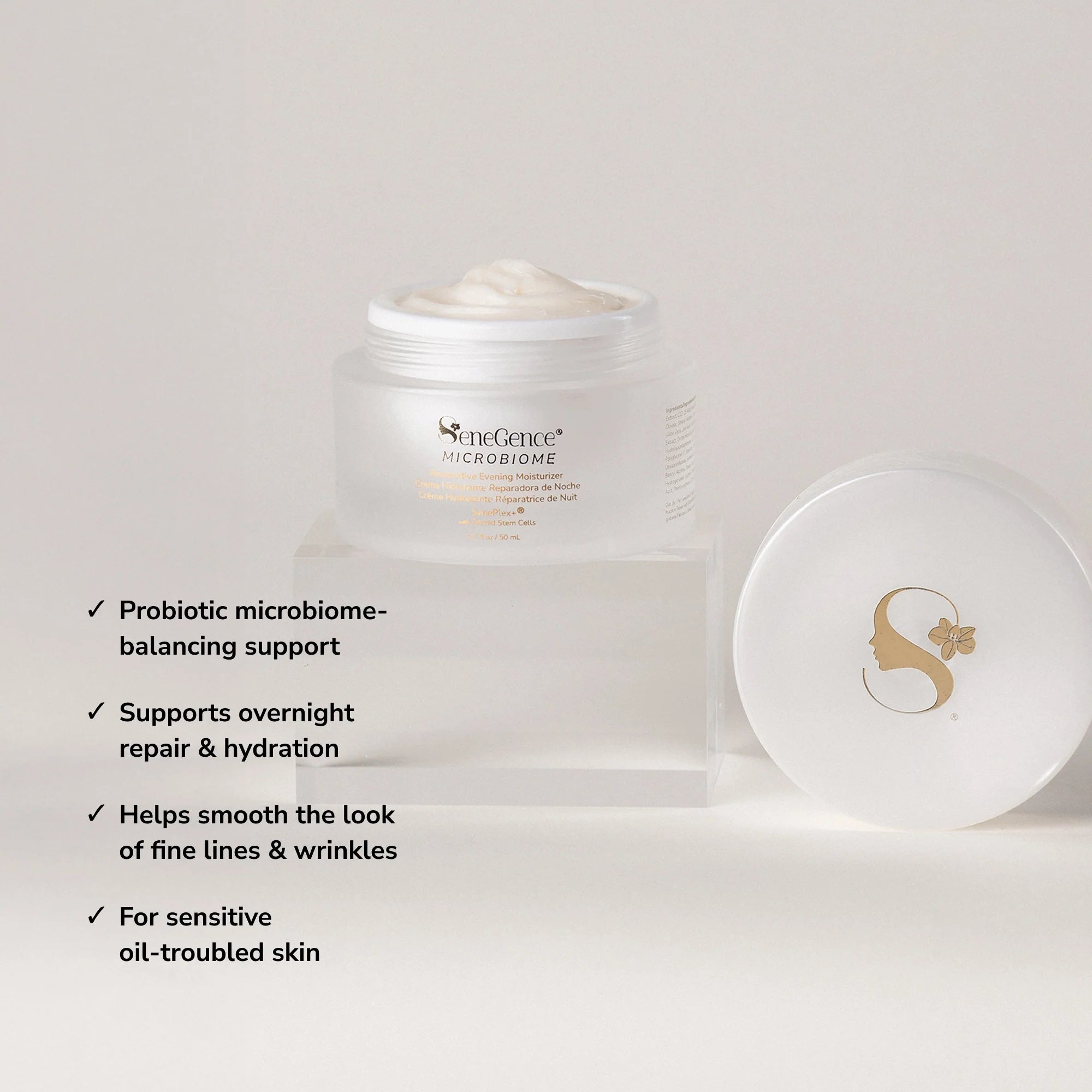 Microbiome Restorative Evening Moisturizer benefit callouts.