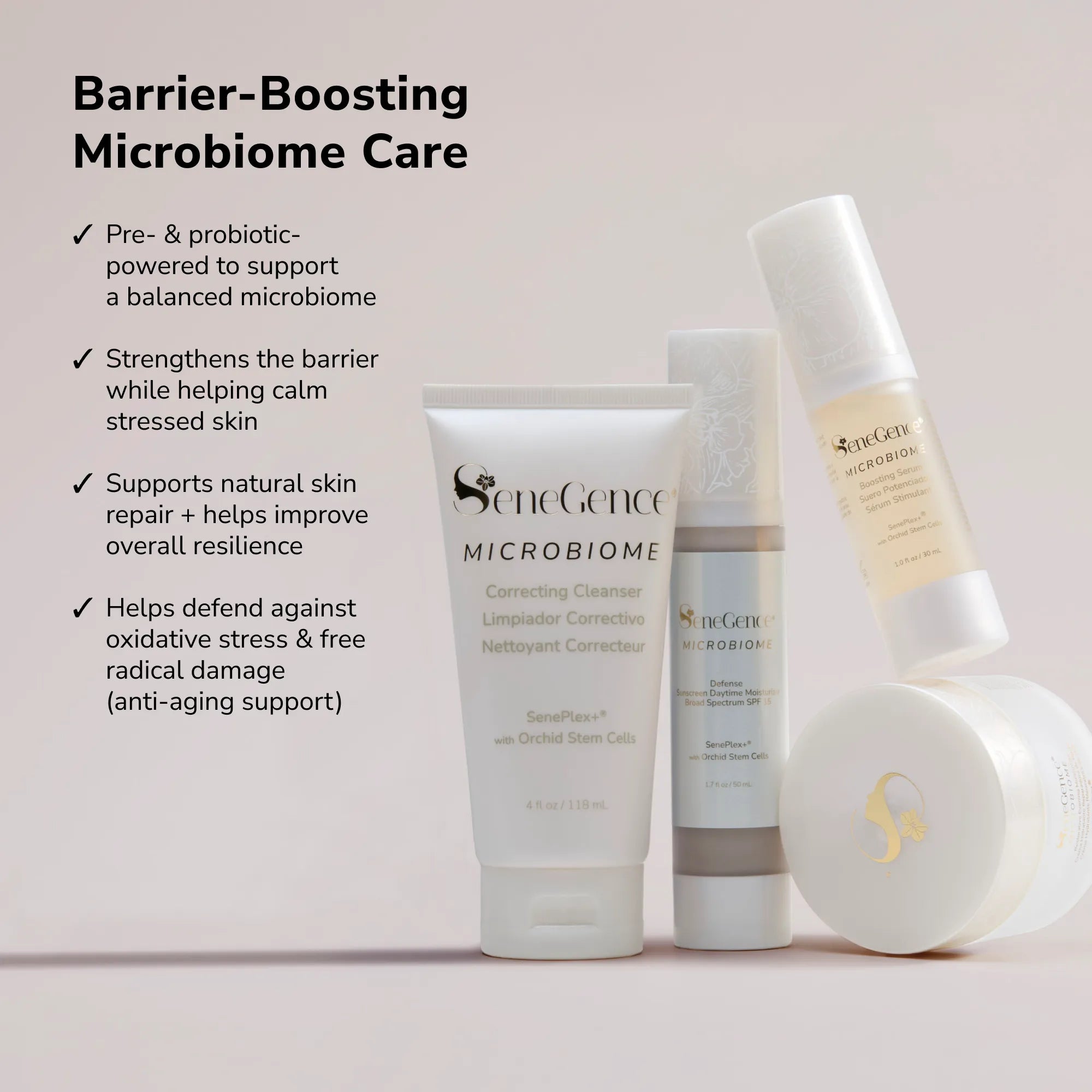 Barrier boosting microbiome care display with four skincare products arranged left to right a cleanser tube a serum bottle a moisturizer bottle and a cream jar on a soft gradient backdrop