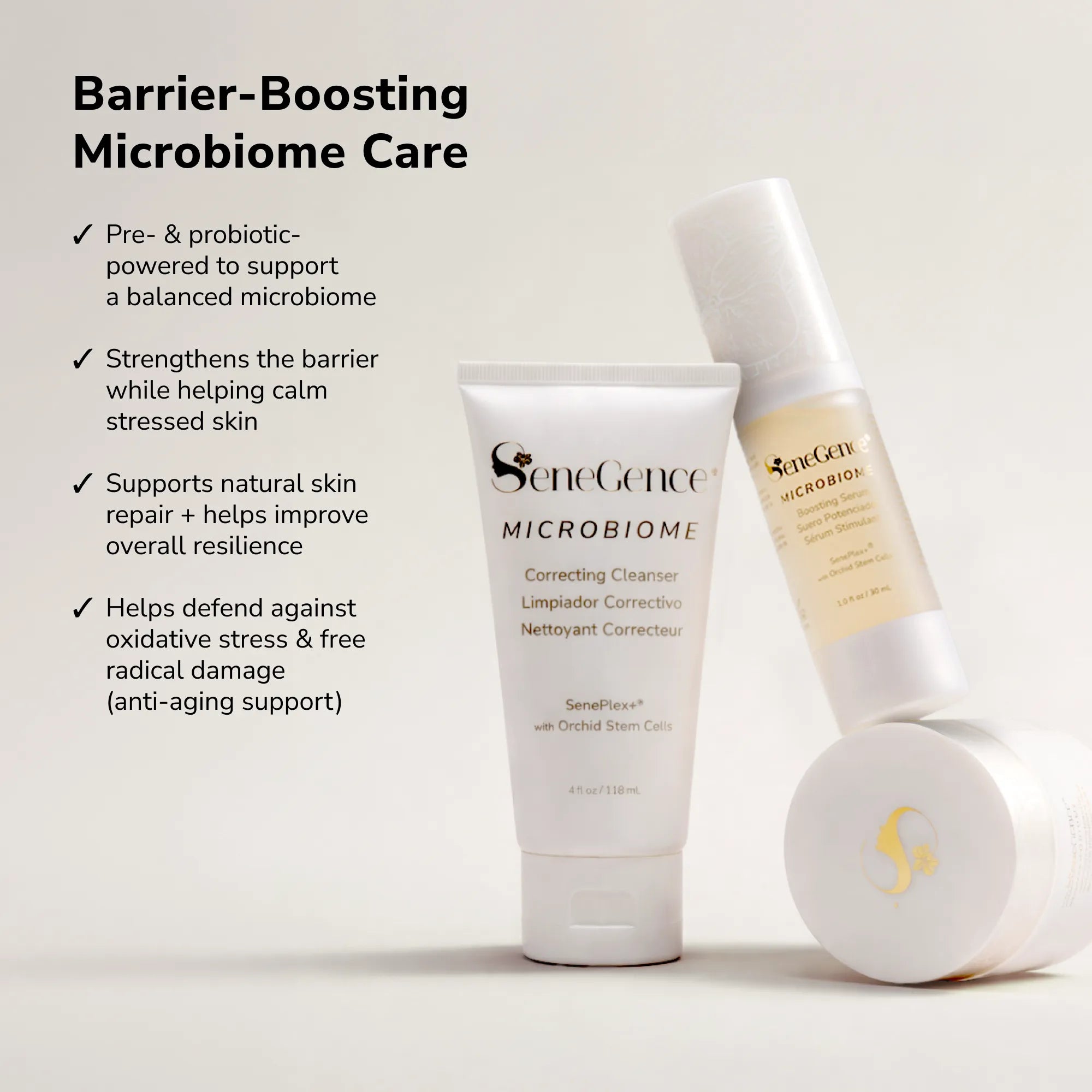 Barrier boosting microbiome care set with a cleansing tube and a serum bottle displayed against a soft beige background.