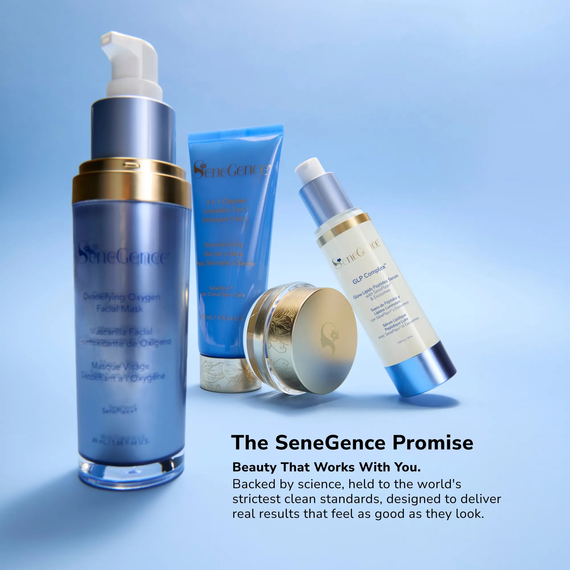 Blue SeneGence skincare regimen set with a tall pump bottle and blue tubes on a light blue background