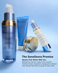 Blue SeneGence skincare regimen set with a tall pump bottle and blue tubes on a light blue background