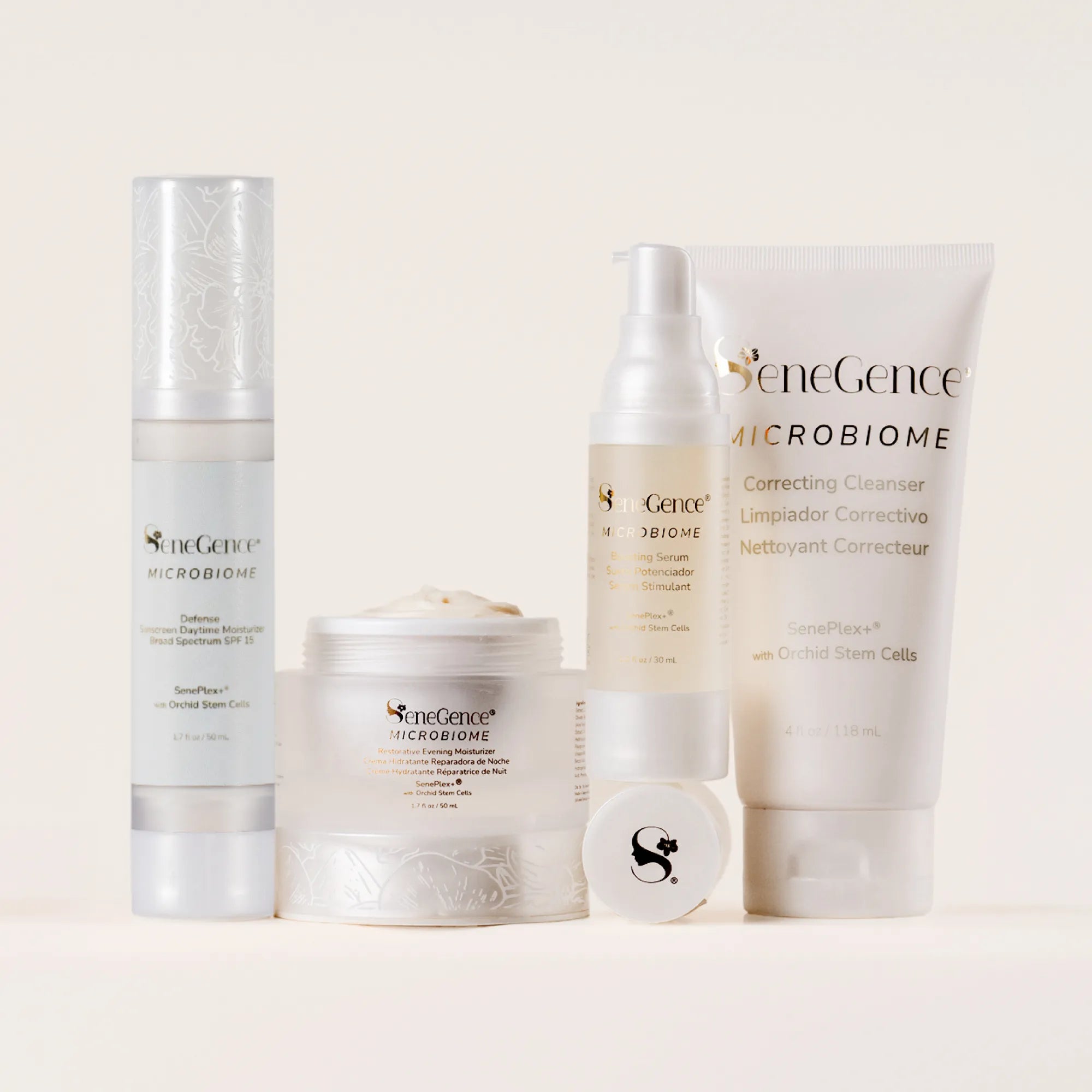 SeneGence Microbiome skincare regimen set with cleanser moisturizer serum and cream