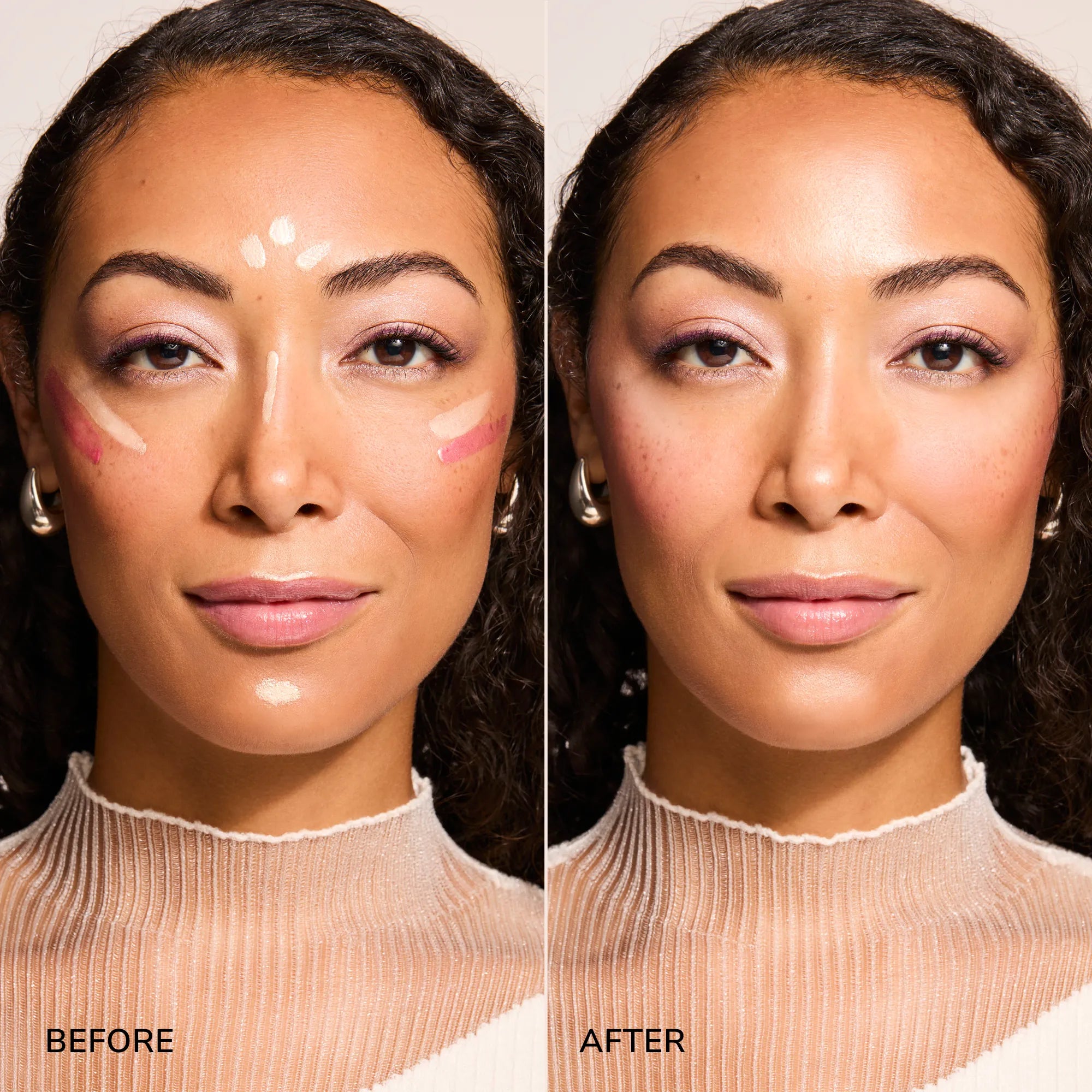 Pearlizer Highlighter product before and after medium skin tone.
