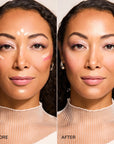 Pearlizer Highlighter product before and after medium skin tone.