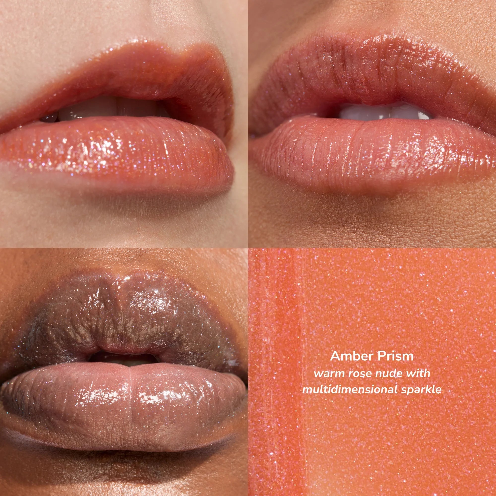 Amber Prism lip gloss collage with warm rose nude lips and multidimensional sparkle