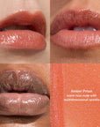 Amber Prism lip gloss collage with warm rose nude lips and multidimensional sparkle