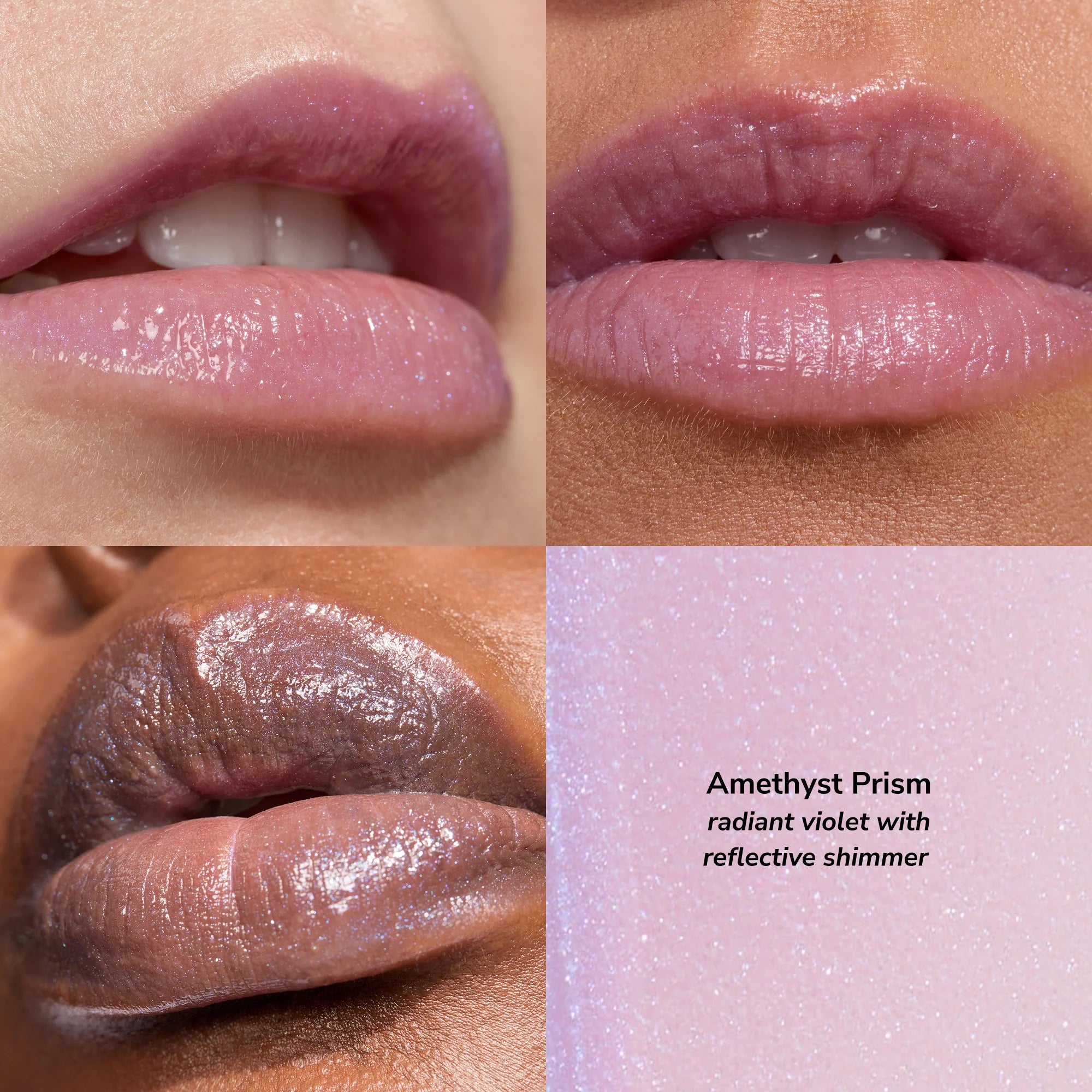 Amethyst Prism lip gloss collage with violet lips and iridescent shimmer