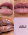 Amethyst Prism lip gloss collage with violet lips and iridescent shimmer