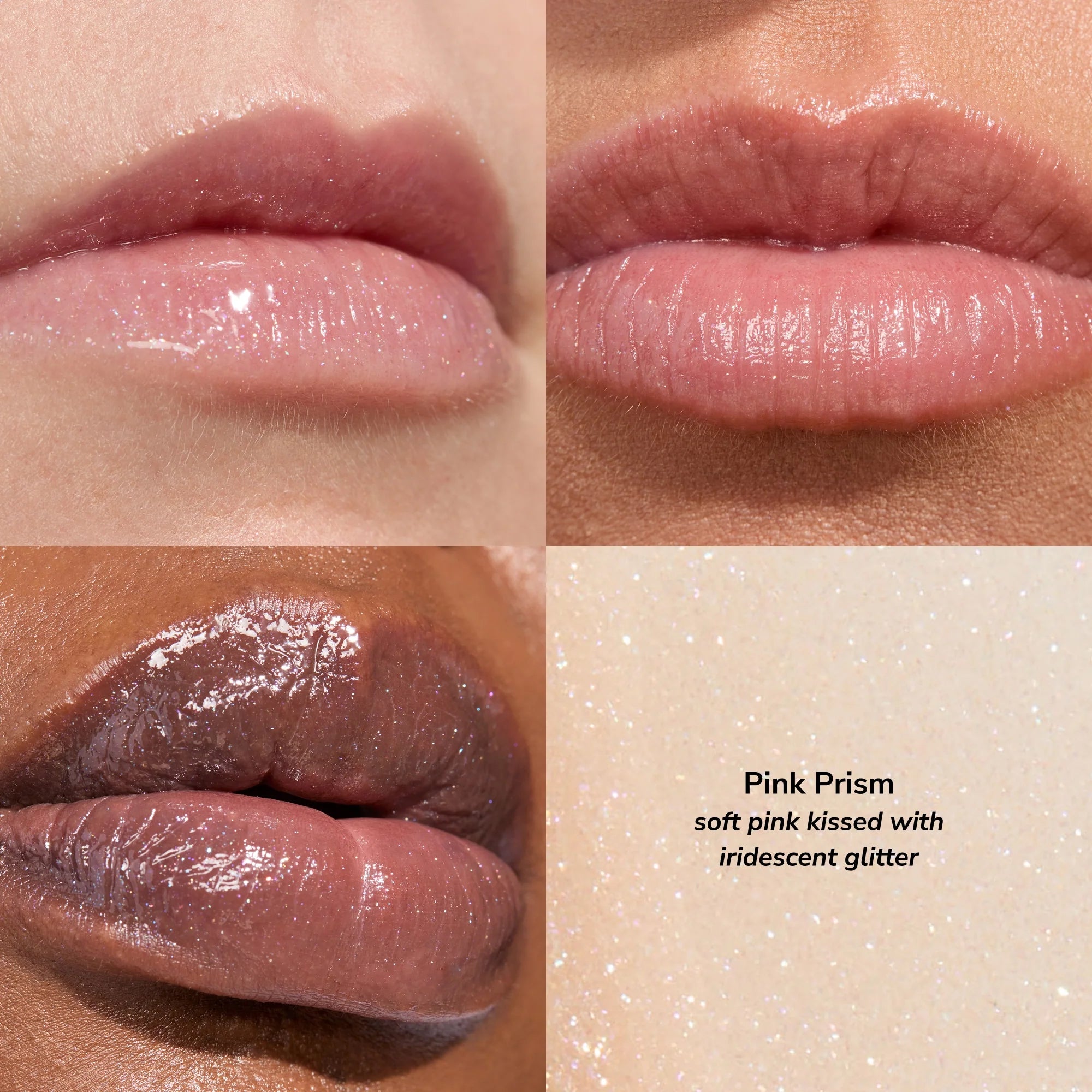 Pink Prism collage showing soft pink lips and iridescent glitter panel