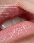 Close-up of glossy pink lips with shimmering LipSense gloss and a text overlay about trending shades.