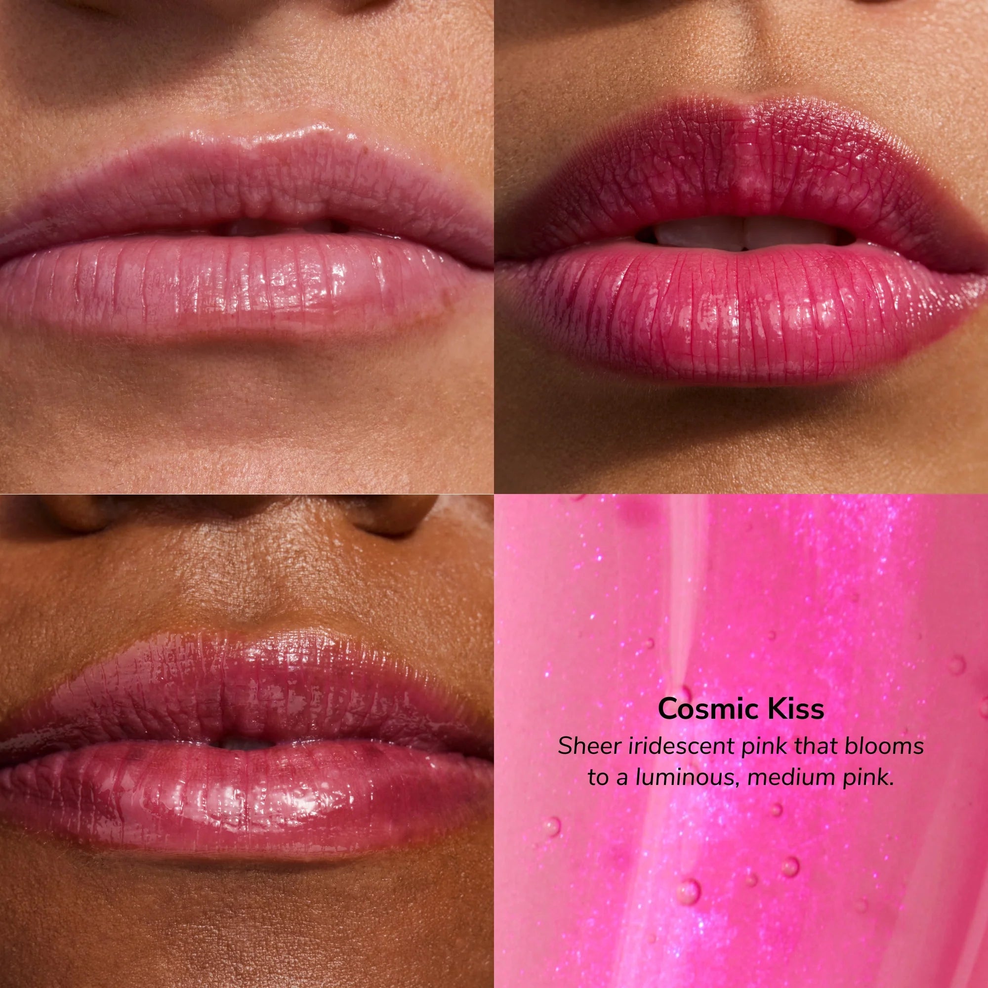 Collage of lips wearing pink lipstick with a close-up of the product labeled 'Cosmic Kiss'.
