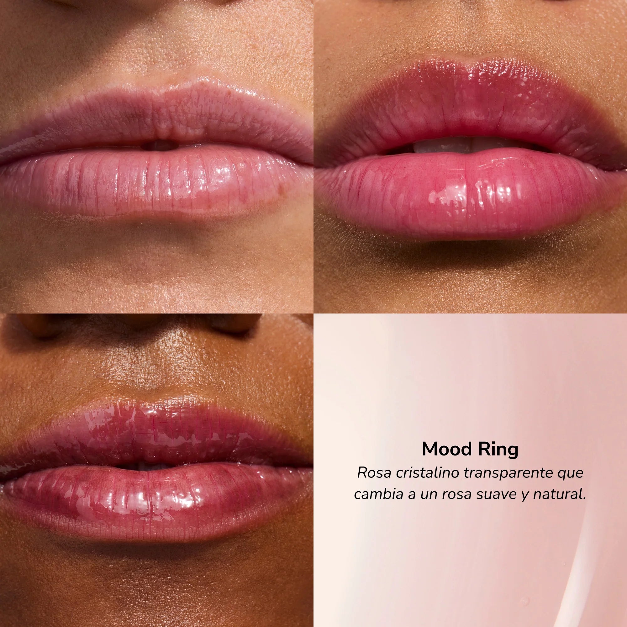 Collage of lips with a Mood Ring product description in Spanish.